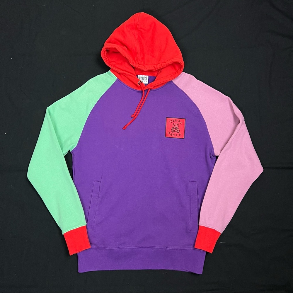 TEDDY FRESH Streetwear Hoodie Color Block Purple/Pastel Mens Size Medium Vtg